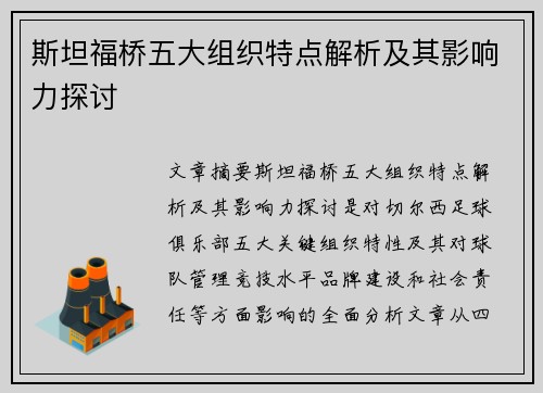 斯坦福桥五大组织特点解析及其影响力探讨