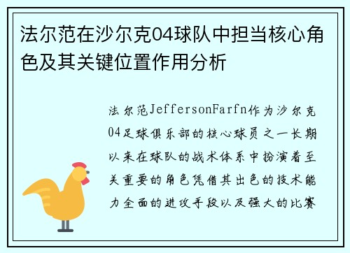 法尔范在沙尔克04球队中担当核心角色及其关键位置作用分析 法尔范在沙尔克04球队中担当核心角色及其关键位置作用分析